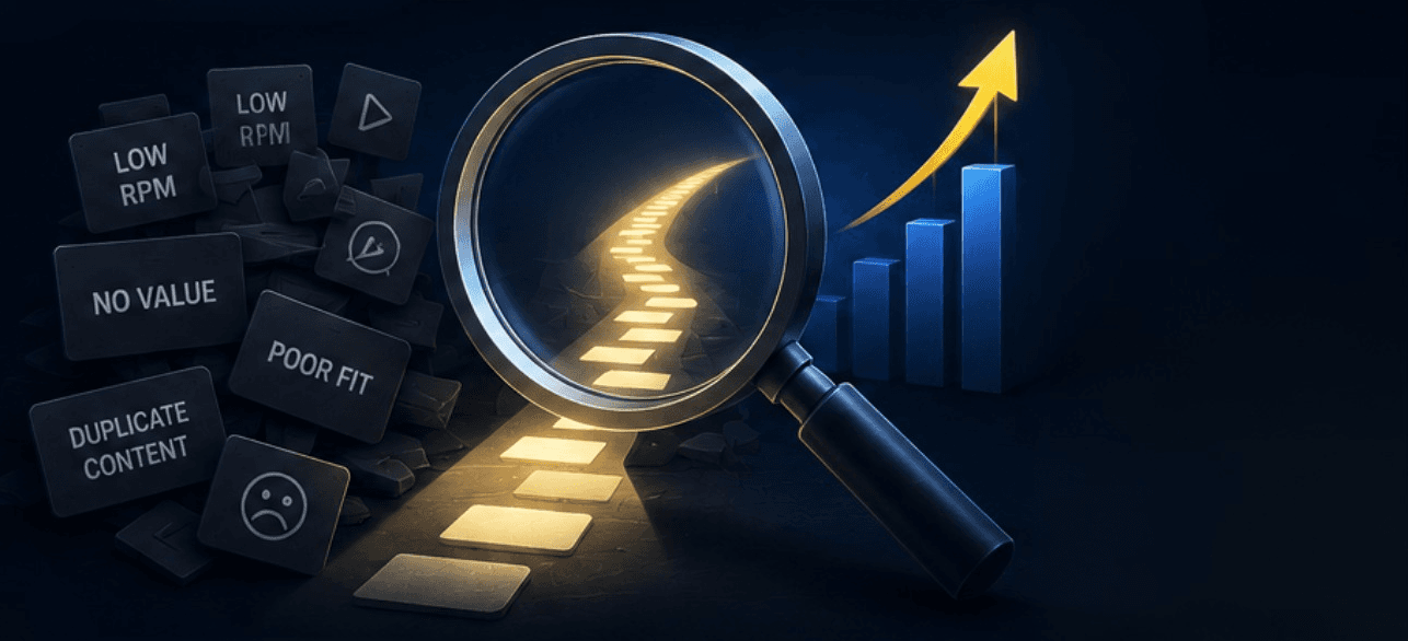 A magnifying glass reveals a glowing path of high-value content among discarded low RPM, no value, poor fit and duplicate content tags, with revenue rising alongside.